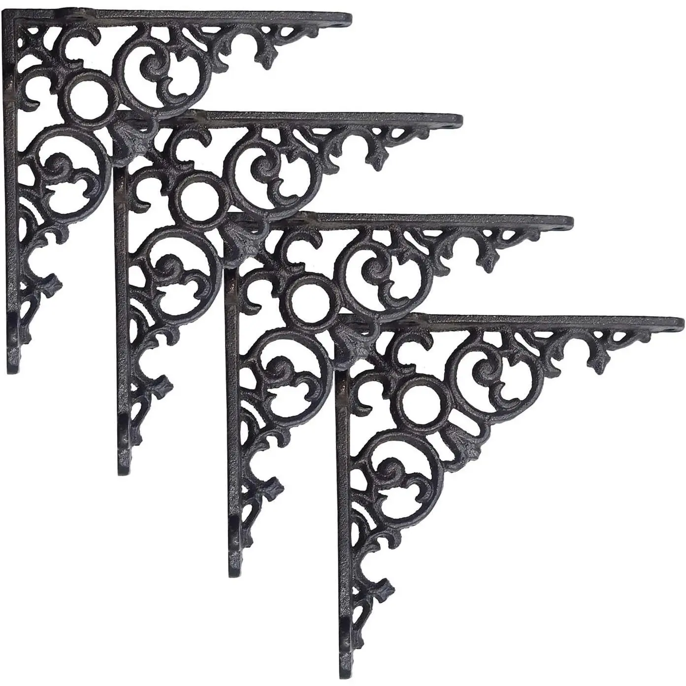 Decorative Shelf Brackets, 4 Pack of 6 x 1.3 x 6 inch, Black Cast Iron Shelf Support Bracket - Metal Shelf Brackets for Wall - Victorian Shelf Bracket
