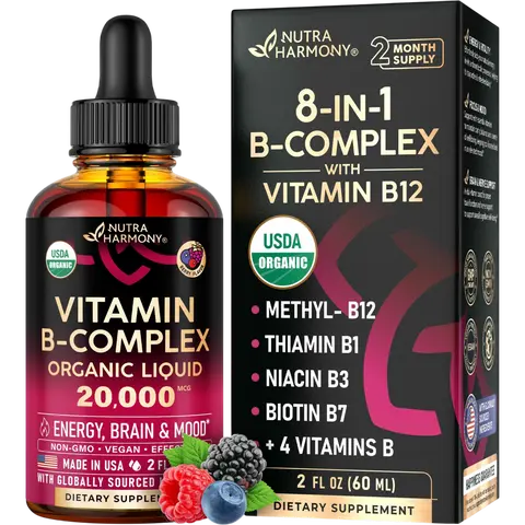 NUTRAHARMONY USDA Sublingual Vitamin B Complex Drops with Natural Berry Flavor 2 Months Supply