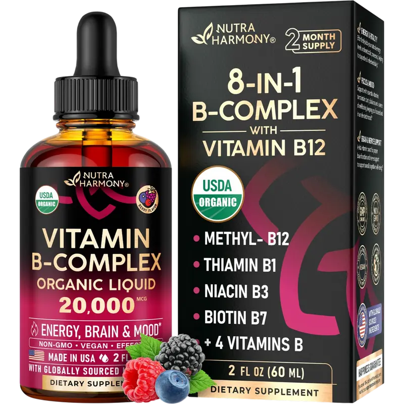 NUTRAHARMONY USDA Sublingual Vitamin B Complex Drops with Natural Berry Flavor 2 Months Supply
