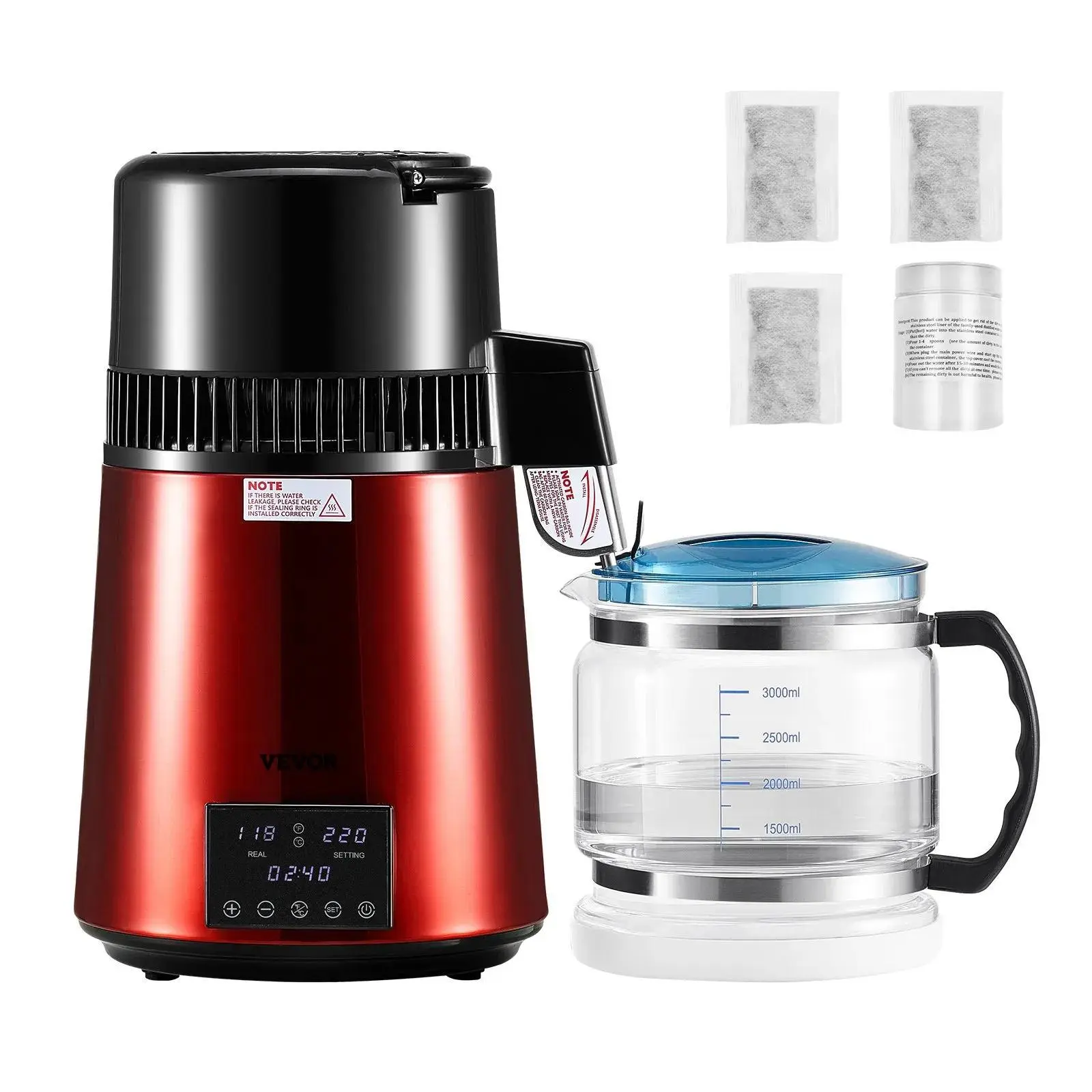 【Summerfinds】VEVOR Water Distiller,  4L 1.1 Gallon Pure Water Purifier Filter For Home Table Countertop, 1750W Distilled Maker with Glass Pot, Stainless Steel Interior Drinking Machine to Make Clean Waters, Red
