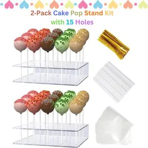 2‑Pack Cake Pop Stand Kit with 15 Holes, Acrylic Lollipop Display Holder, Includes 100 Sticks, 100 Clear Wrappers & 100 Gold Twist Ties – Easter Gift, Party Favors, Dessert Table Supplies
