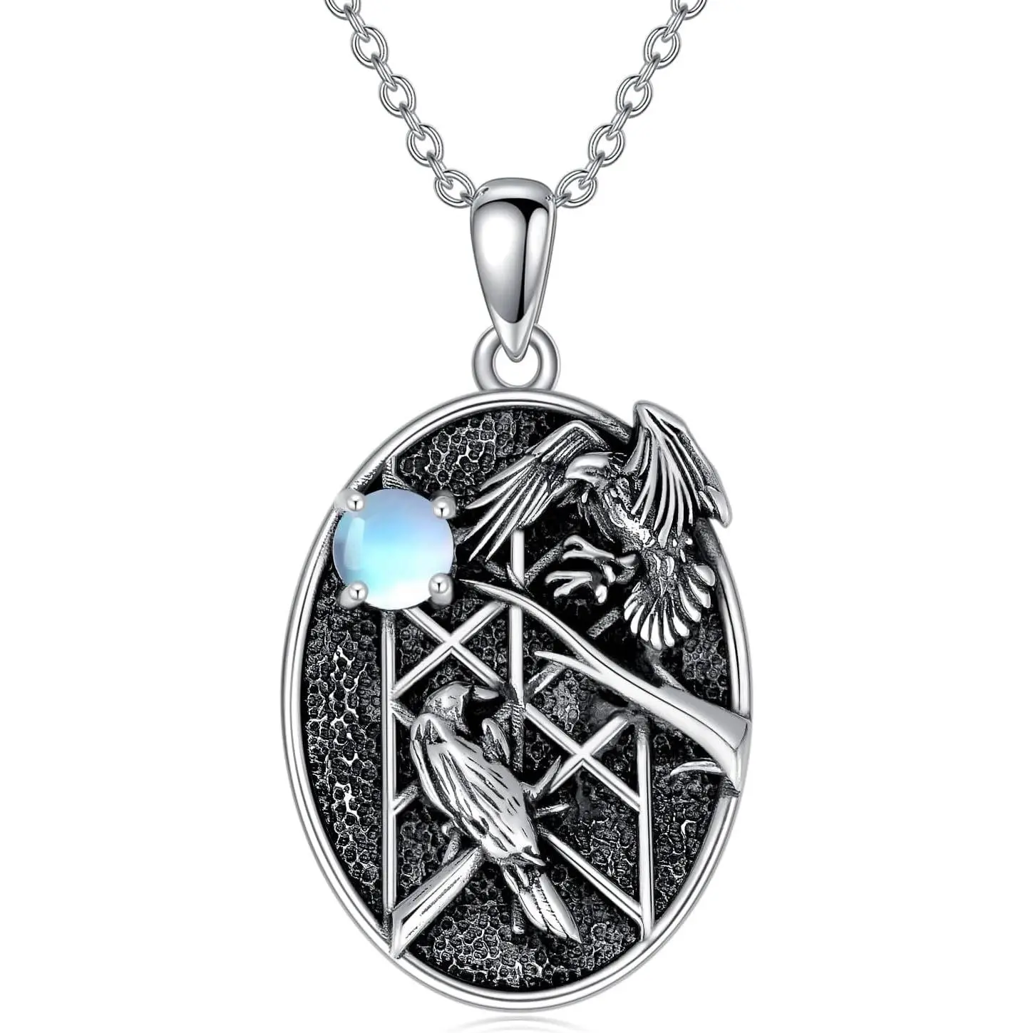925 Sterling Silver Raven Necklace Chain, Crow Pendant Viking Gothic Jewelry with Moonstone, Birthday/Anniversary Gifts for Adults, Daily