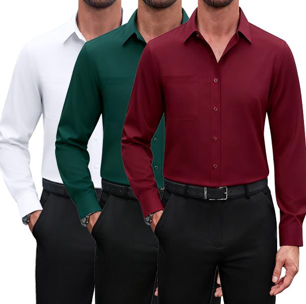 3-Pack Alimens&Gentle Men's Dress Shirts 4-way Stretch Long Sleeve Collared Solid Wedding Dating Button Down Shirts Business Casual Breathable Outfits Menswear