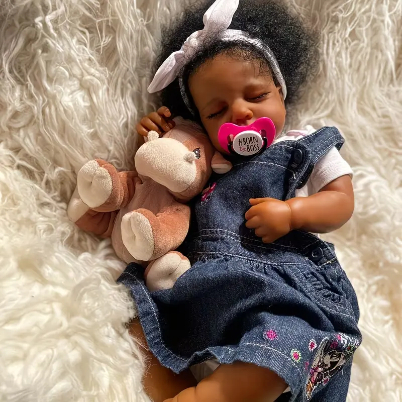 49cm/19inch Realistic Reborn Baby Doll - 1.2 kg Collectible Doll with Closed Eyes, Hand-Painted Details, Curly Blue Hair, Soft Cuddly Design, Birthday Gift for Collectors