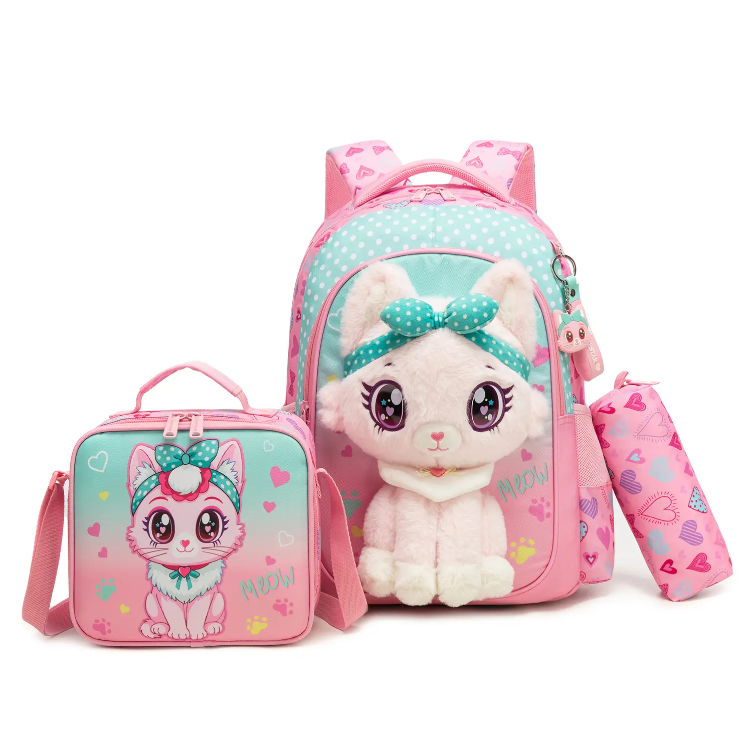 Girls' 3D Plush Pink Cat Elementary School Backpack Set - Pink & Mint Polka Dot Print, Matching Insulated Lunch Bag & Pencil Case, Ergonomic Padded Straps cute
