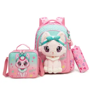 Girls' 3D Plush Pink Cat Elementary School Backpack Set - Pink & Mint Polka Dot Print, Matching Insulated Lunch Bag & Pencil Case, Ergonomic Padded Straps cute