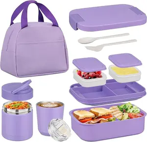 [Summerwins] Bento Lunch Box Set with 10.5oz Soup Thermo Food Jar for Adults Kids, Stainless Steel Leak-proof Lunch Container with 4 Compartment, Coffee Tumbler with Lunch Bag for School Travel Office-Grey