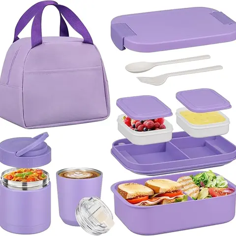 [Back To School]Bento Lunch Box Set with 10.5 oz Insulated Food Jar, 4-Compartment Stainless Steel Leakproof Container, Coffee Tumbler and Lunch Bag for Adults & Kids, School, Office, Travel and Picnics