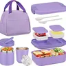 [Back To School]Bento Lunch Box Set with 10.5 oz Insulated Food Jar, 4-Compartment Stainless Steel Leakproof Container, Coffee Tumbler and Lunch Bag for Adults & Kids, School, Office, Travel and Picnics