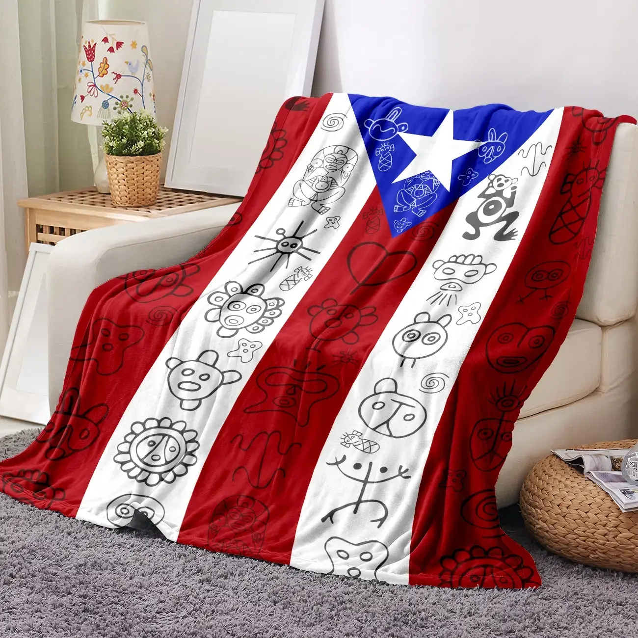 Boricua Pride Taino Art Flannel Throw, Colorful Afghan, Embroidered Ethnic Puerto Rican Flag Design Textile Blanket, Colorful Afghan Blankets, Embroidered Ethnic Blankets