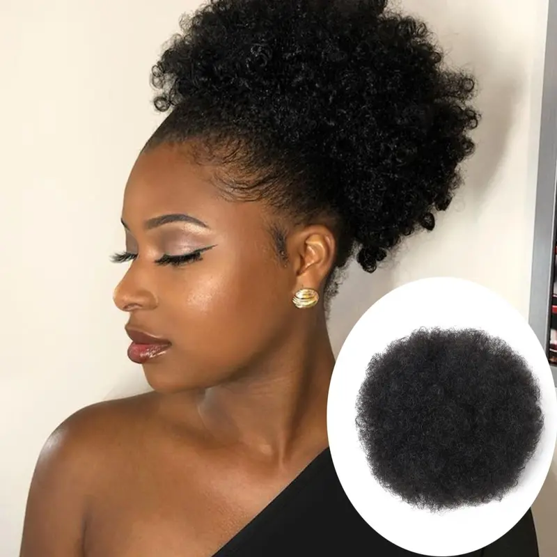 8 Inch Burgundy Short Afro Kinky Curly Hair Bun, Natural Looking Fluffy Yaki Synthetic Hair Bun, Synthetic Hairpiece for Women, Synthetic Hair Texture