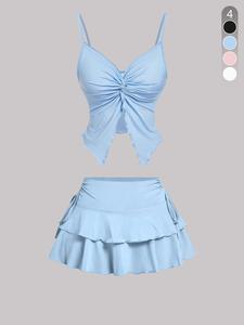 two-piece set women's solid color tie shoulder crop top & side tie skirt, casual fashion for daily outdoor wear, ladies clothes for summer, suits, vacation sets, womenswear