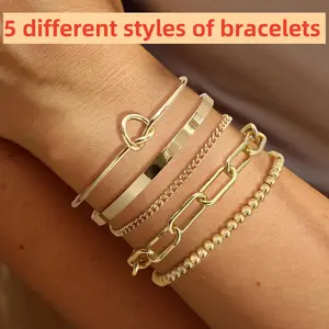 5pcs 14K Real Gold Plated Bracelets for Women Stack Beaded Gold Chain Bracelet Set Adjustable 7" with 2" Extend Chain Trendy & Stylish
