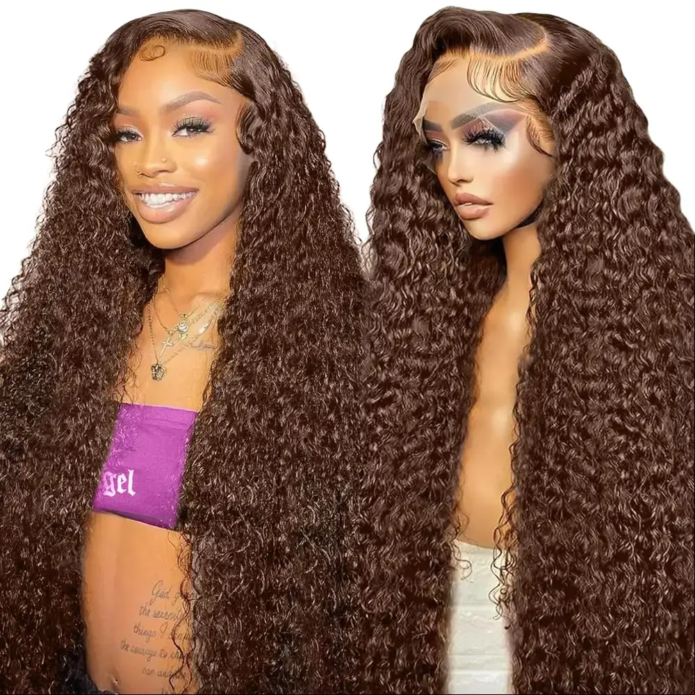 Women's 13x6 HD Chocolate Brown Deep Wave Lace Front Wig, 180% Density Realistic Look Heat Resistant Human Hair Wig with Comfortable Fit for Female