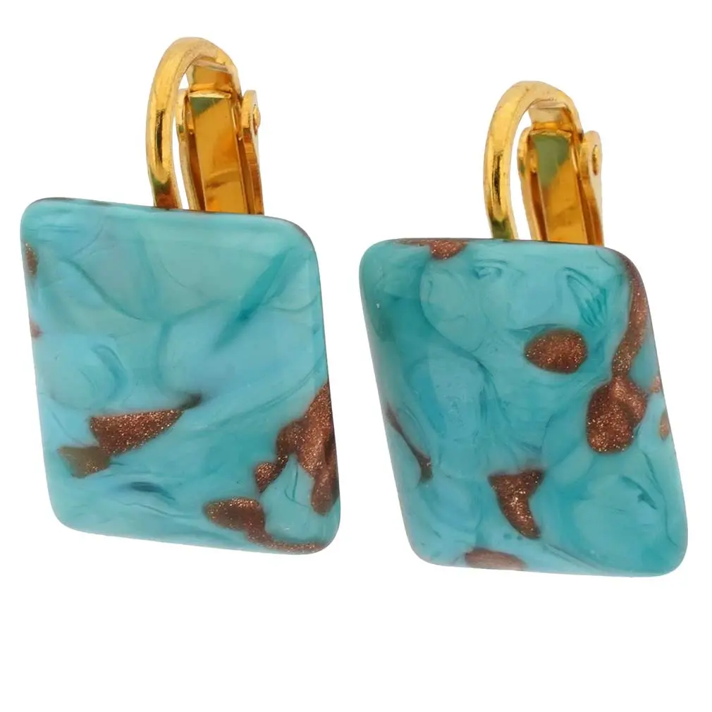 Glass Of Venice Murano Glass Sparkles Rectangular Cabochon Clip Earrings - Aqua Blue, Blue Shiny, Clutch, Colored Stone, Brass Colored, Blue Shiny Earrings, Clutch Earrings