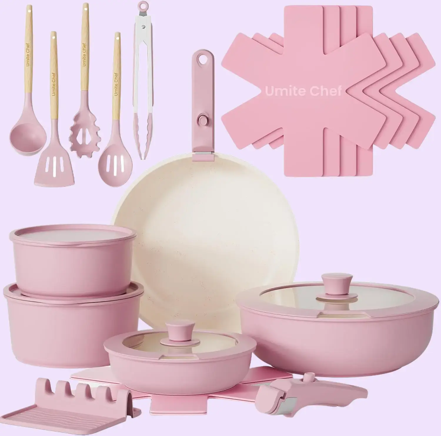 21 pcs Pots and Pans Set Non Stick, Nonstick Ceramic Cookware Set, RV Kitchen Cooking Set with Detachable Handles, Oven Safe, Induction Cookware, Stackable, Pink, PFAS PFOA & PTFE Free Aluminium
