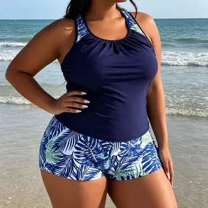 Print Large Plus Size Tankini 2026 Two Pieces Swimsuit Women High Waist Swimwear Female Bathing Swimming Swim Suit Beach Bathers,High Stretch Modest Beach Vacation Swimwear for Curvy Women