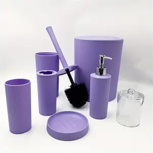 New 7-Piece Bathroom Essentials Set - Stylish Premium Design Comprehensive Toiletries Kit with Toilet Trash Can Toilet Brush Toothbrush Cup Set Cotton Swab Box Shampoo Dispenser Soap Tray - Durable Plastic Construction for Easy Cleaning and Org