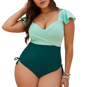 Women's Plus Size Color Block One Piece Swimsuit, Ruffle Sleeve V-Neck with Drawstring Sides, Tummy Control Bathing Suit for Beach Vacation 2026