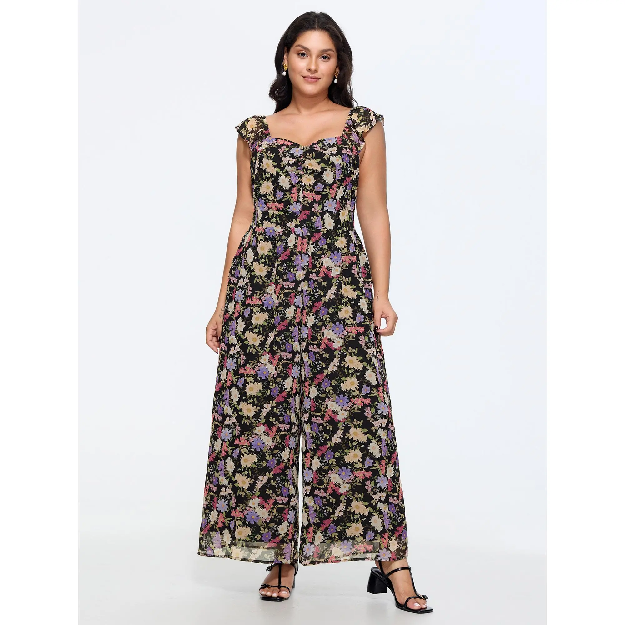 BloomChic Plus Size Ditsy Floral Jumpsuit for Women, a Sleeveless Wide-Leg Summer Garment in Smooth, Low Iron Polyester Fabric with a Smocked Bodice and Pocket, Bloom Chic Jumpsuits & Rompers, Flowers, Classic, Multi-Size