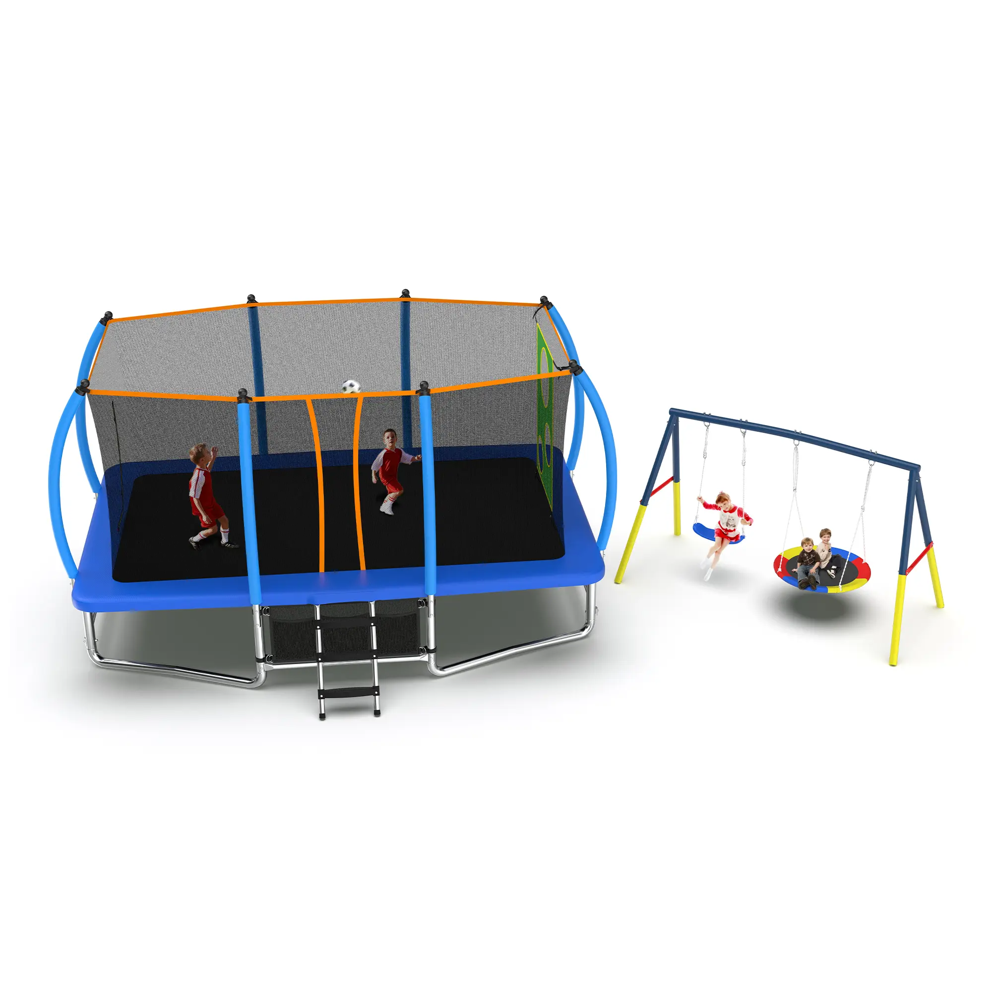 Mersco 10x16FT Rectangular 4-in-1 Outdoor Trampolines with Steel Frame, Swing Set, Enclosure Net - Safe Outdoor Backyard Recreational Equipment for Kids (Blue),summerwins