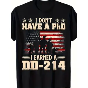 DD214 Retro Flag T Shirt I Don't Have A PhD I Earned A DD214 Retro Flag USA T Shirt Y2K Street Retro, Seasonal Casual and Trendy, Crew Neck, Breathable, Machine Washable, Plus Size Big & Tall, Casual WearPattern Print Crew Neck T-Shirt Gift
