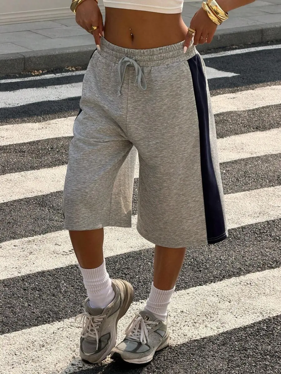 TNK x Muchica Women's Summer New Gray Patchwork Loose Bermuda Shorts Wide Leg Shorts Sweat Shorts Oversized Shorts Modest Shorts