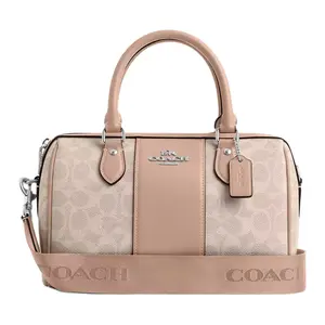 COACH Rowan 25 Crossbody Handbag for Women – Zip Closure, Detachable Strap, Coated Canvas, Medium Size, Silver Sand and Gray Brown