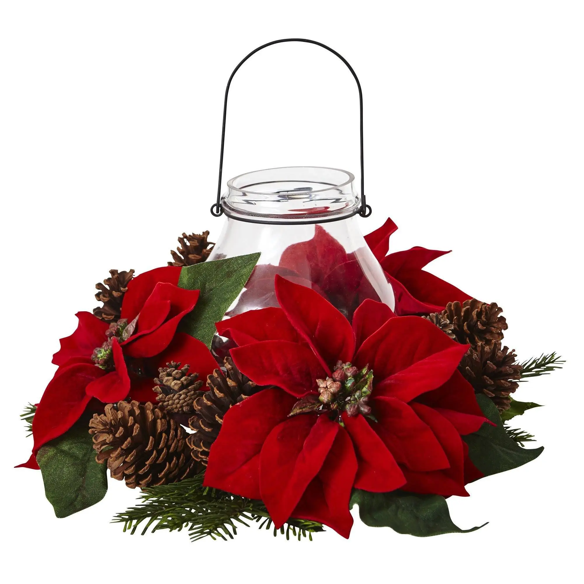 Christmas Glass Decorative Candelabrum - Artificial Flower Plant, Poinsettia, Pine, Pine Cone Artificial Flowers, Faux Plants, Holiday Table Home Decor Candle Holder Room Accent
