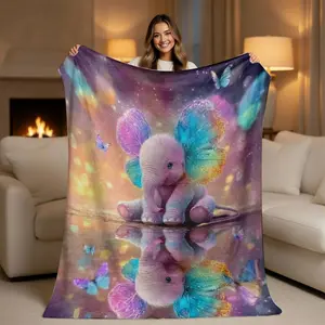 Cute Colorful Elephant with Butterfly Ears Flannel Blanket - Ultra Soft Cozy Rainbow Throw Blanket - Aesthetic Magic Animal Room Decor - Perfect Baby Shower Gift