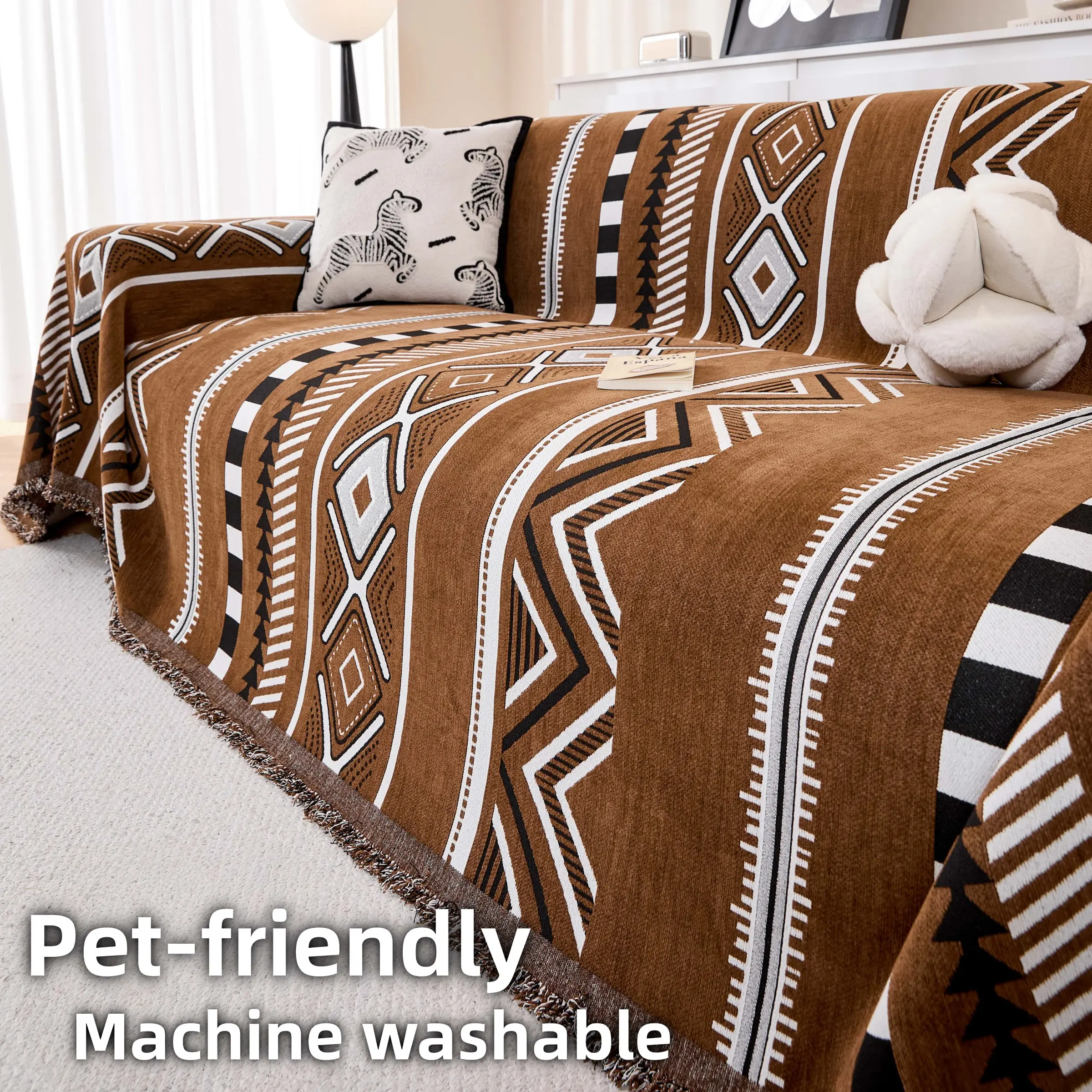 1 Pc Boho Thick Sofa Cover, Sectional Couch Covers, Pet-Friendly Non-Slip Reusable Couch Protector, Washable Sofa Pad with Tassel Fringe, Geometric Sofa Throw for Sectional, Loveseat and 3-Seater, All-Season Couch Cover, Washable Sofa Slipcover