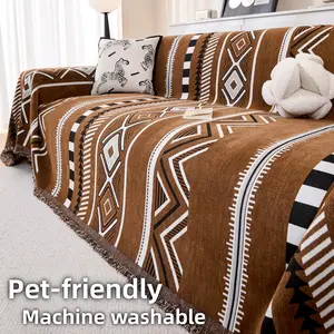 1 Pc Boho Thick Sofa Cover, Pet-Friendly Non-Slip Couch Protector, Washable Sofa Pad with Tassel Fringe, Decorative Geometric Sofa Throw for Sectional, Loveseat and 3-Seater, All-Season Living Room Couch Cover, Washable Sofa Slipcover