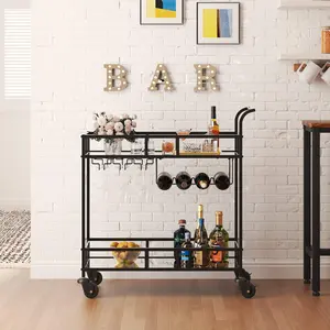 Bar Cart, Serving Cart for Home, Microwave Cart, Drink Cart, Mobile Kitchen Shelf with Wine Rack and Glass Holder, Rolling Beverage Cart,Black