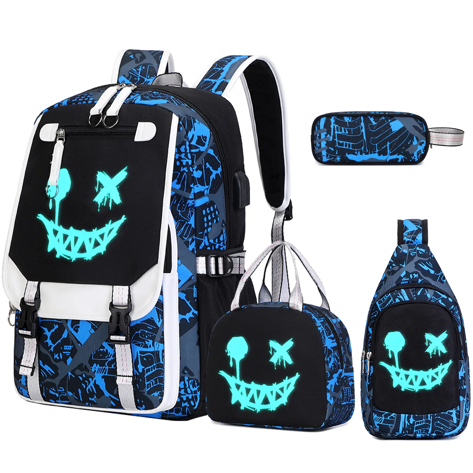 Similove 4PCS Backpack Set for Boys, Bookbag Glow In The Dark, Cool Luminous Boys Backpack with Lunch Bag & Pen Case, Sling Bag School Bags for Kids Children Teens Elementary Middle Schools,
