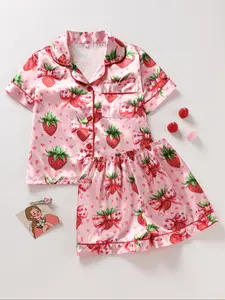 Girls' Sleepwear Set Strawberry Bow Print Fruit Print Pajamas Summer Pjs Button Front Short Sleeve Top Elastic Shorts Satin Fabric Comfortable Home Wear