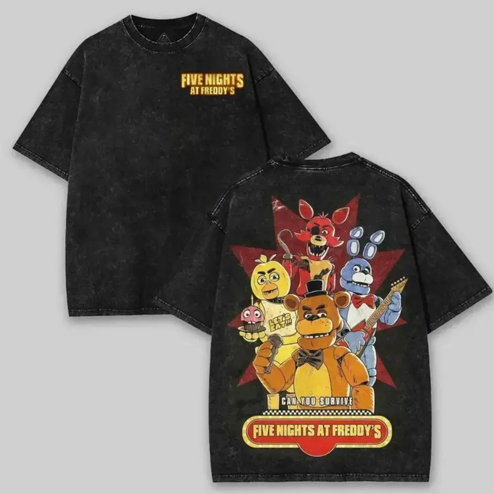 Men's Vintage Washed Black 5 Nights at Freddy's FNAF Printed T-Shirt - Retro Horror Game Casual Short-Sleeve Crew Neck Loose Streetwear Top, Gift for Game & Anime Enthusiasts