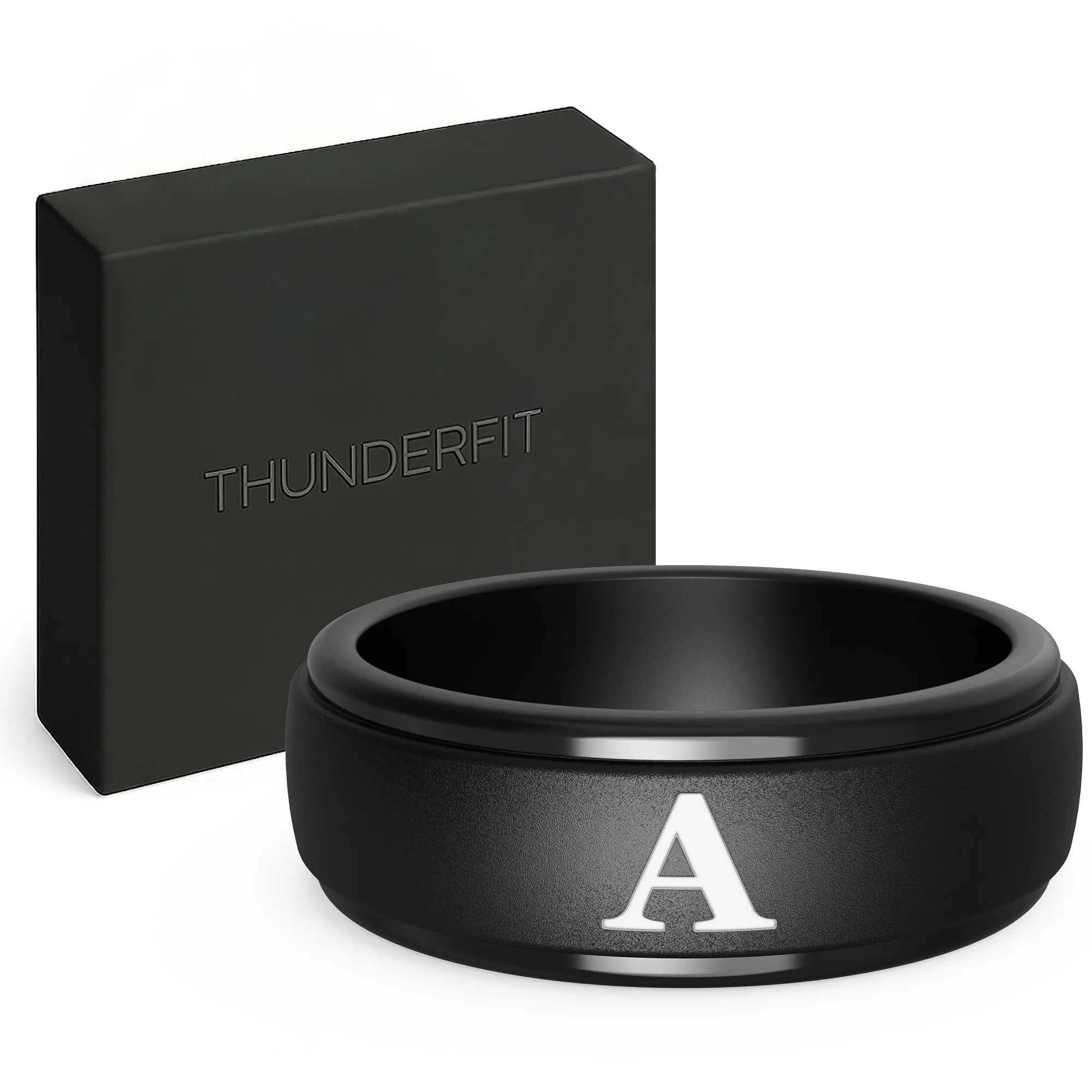 ThunderFit Black Silicone Initial Ring for Him - Personalized One Letter Wedding Rubber Band - Comfortable Fit - Unique Anniversary, Birthday Gifts for Men with Gift Box