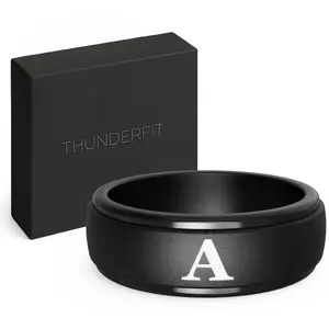 ThunderFit Black Silicone Initial Ring for Him - Personalized One Letter Wedding Rubber Band - Comfortable Fit - Unique Anniversary, Birthday Gifts for Men with Gift Box