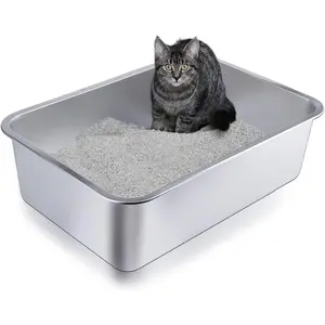 Stainless Steel Litter Box, Metal Cat Litter Box with High Sided for Medium and Small Cats, Kitty Litter Boxes, Non-Stick, Easy to Clean, Sturdy and Durable Cat Toilet (17.52" L x 13.6" W x 6" H)