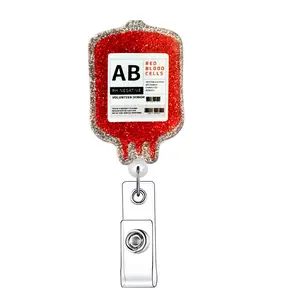 Glittery Blood Type Theme Retractable Badge Reel, Nursing Badge Reel, Medical Badge Reel, 1 Count Cute Acrylic Name Badge Holder with Clip for Nurse Doctor Office Worker, Identification Badges & Supplies