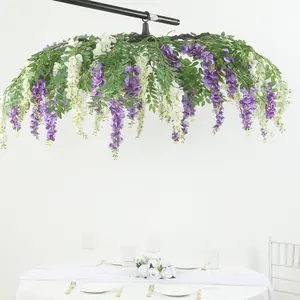 55" Cream Purple Artificial Silk Wisteria Vine Round Hanging Canopy, Draping Garland Flower Chandelier With Interchangeable Branches