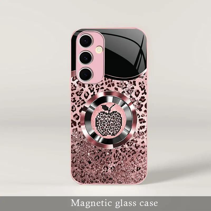 Trending “Affordable Luxury” Pink Glitter Mermaid Scale & Leopard Print MagSafe Glass Case for Galaxy S24 FE — 9435