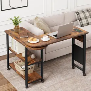 Garvee 360° Rotating Coffee Table, Integrated Charging Station, 2 Hidden Shelves, Lockable Wheels, Side Pocket Storage, For Living Room, With Slow Charging, Vintage Color