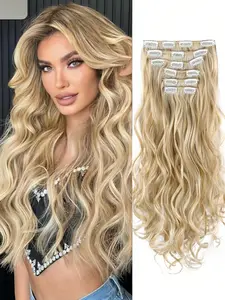 Clip in Hair Extensions Long Wavy 6pcs, Invisible Clips, Thick Hair Pieces, Synthetic Hairpieces, Strawberry Blonde/blonde Highlights, 20 Inches, Synthetic Fiber