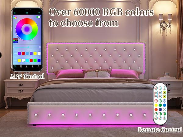 Queen Size Upholstered LED Bed Frame with Smart LED Lights,Storage Drawers &Crystal Tufted Headboard, Noise-Free, No Box Spring Needed,PU White