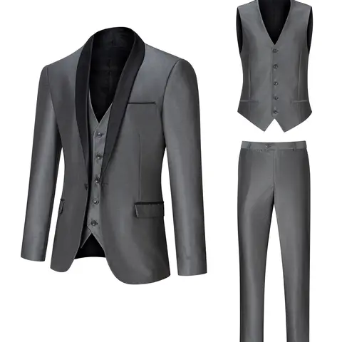 Men's 3-Piece Luminous Fabric Suit - Long Sleeve Chic Button-Up Formal Menswear with Outerwear, Vest, Pants for Wedding, Evening Occasions, Elevated Contemporary Style