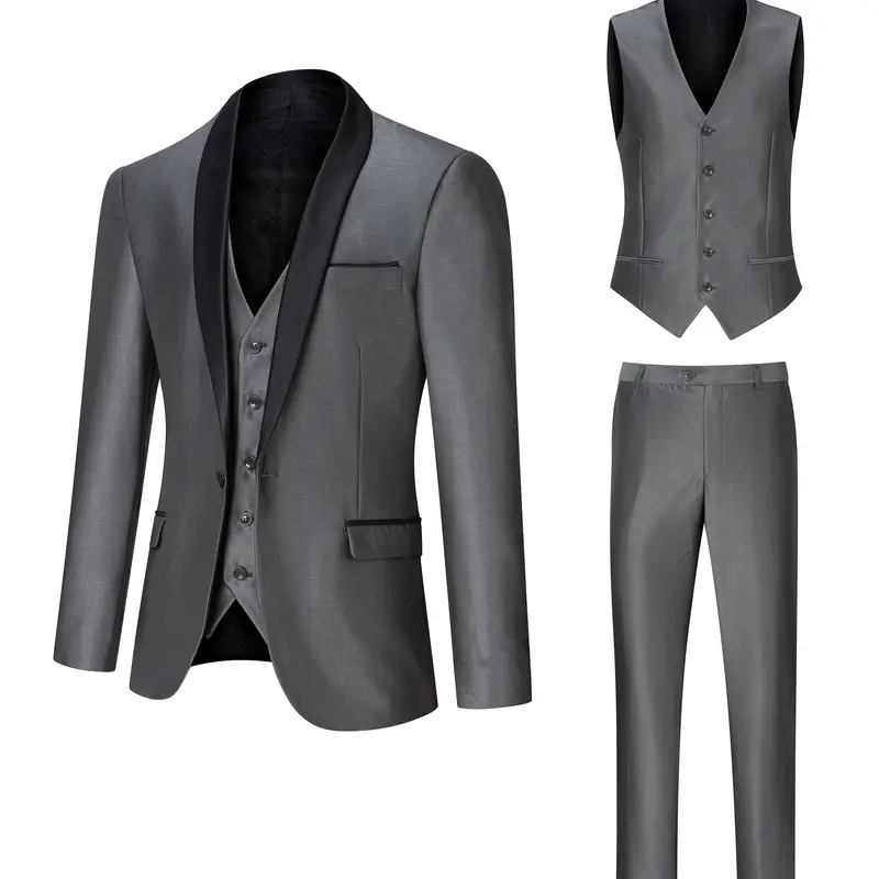 Men's 3-Piece Luminous Fabric Suit - Long Sleeve Chic Button-Up Formal Menswear with Outerwear, Vest, Pants for Wedding, Evening Occasions, Elevated Contemporary Style