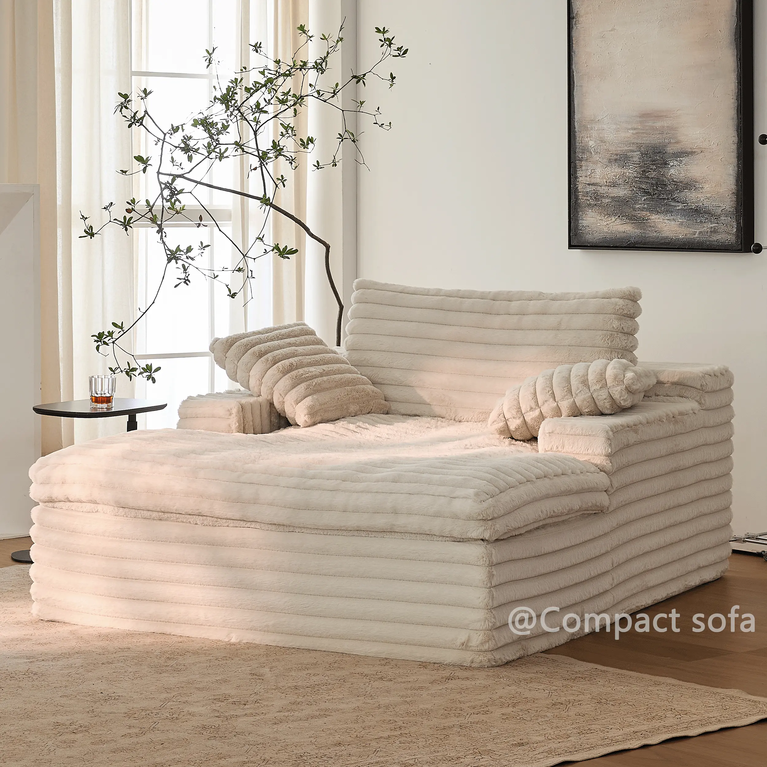 Compact Oversized Plush Chaise Lounge Sofa Bed – Fluffy Upholstered Sleeper Couch for Reading & Relaxing, Living Room Furniture (white Plush) Futon
