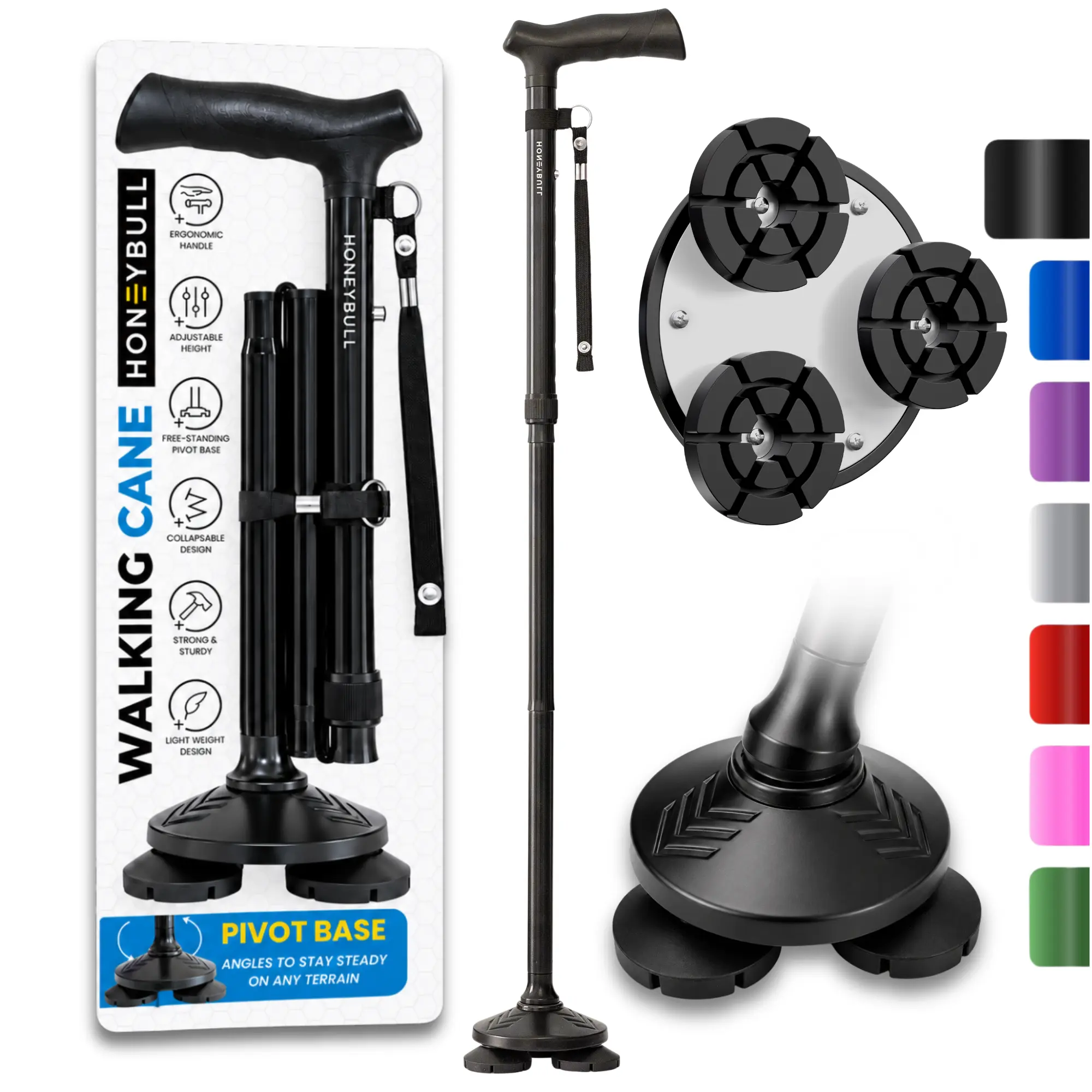 Foldable Walking Cane for Seniors, Adjustable Heavy-Duty Free-Standing All-Terrain Collapsible Walking Sticks Including Walking Canes for Women