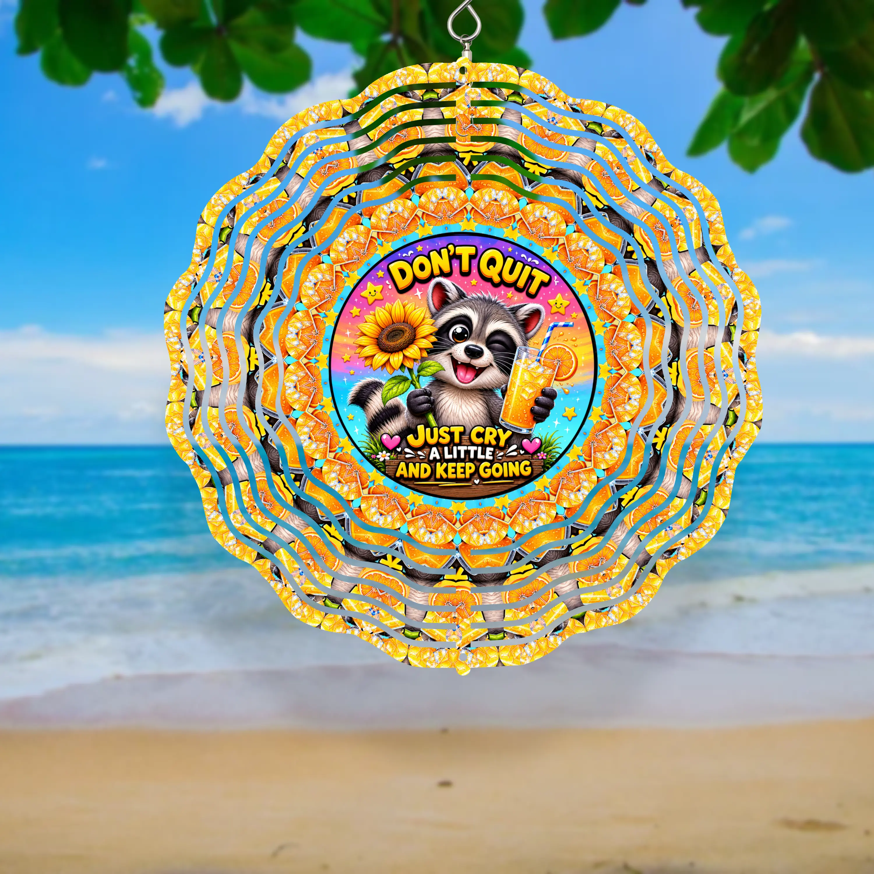 8 in Motivational Raccoon Wind Spinner Wind Spinner Decorative Stakes & Wind Spinners - Double-Sided Wind Sculpture with Protective Coat, Rotates, Flexible Placement, Included Hook, Easy Setup for Home Improvement, Garden Decor